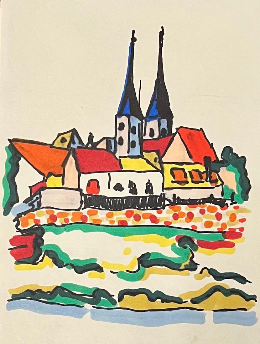 Frauenkirche Grimma mit Mauerhäuschen, gemalt